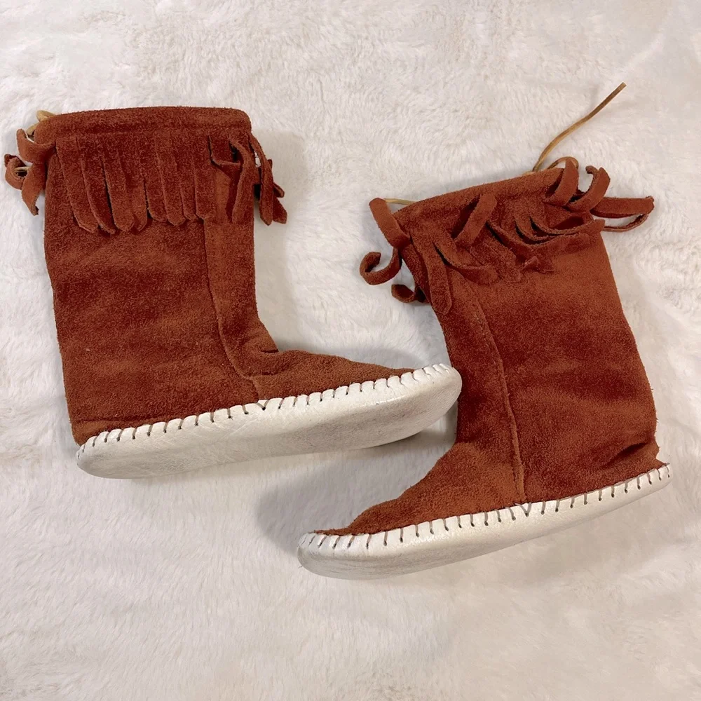 Taos Vintage Rust Brown White Leather Kids Moccasin Fringe Boots Size 12